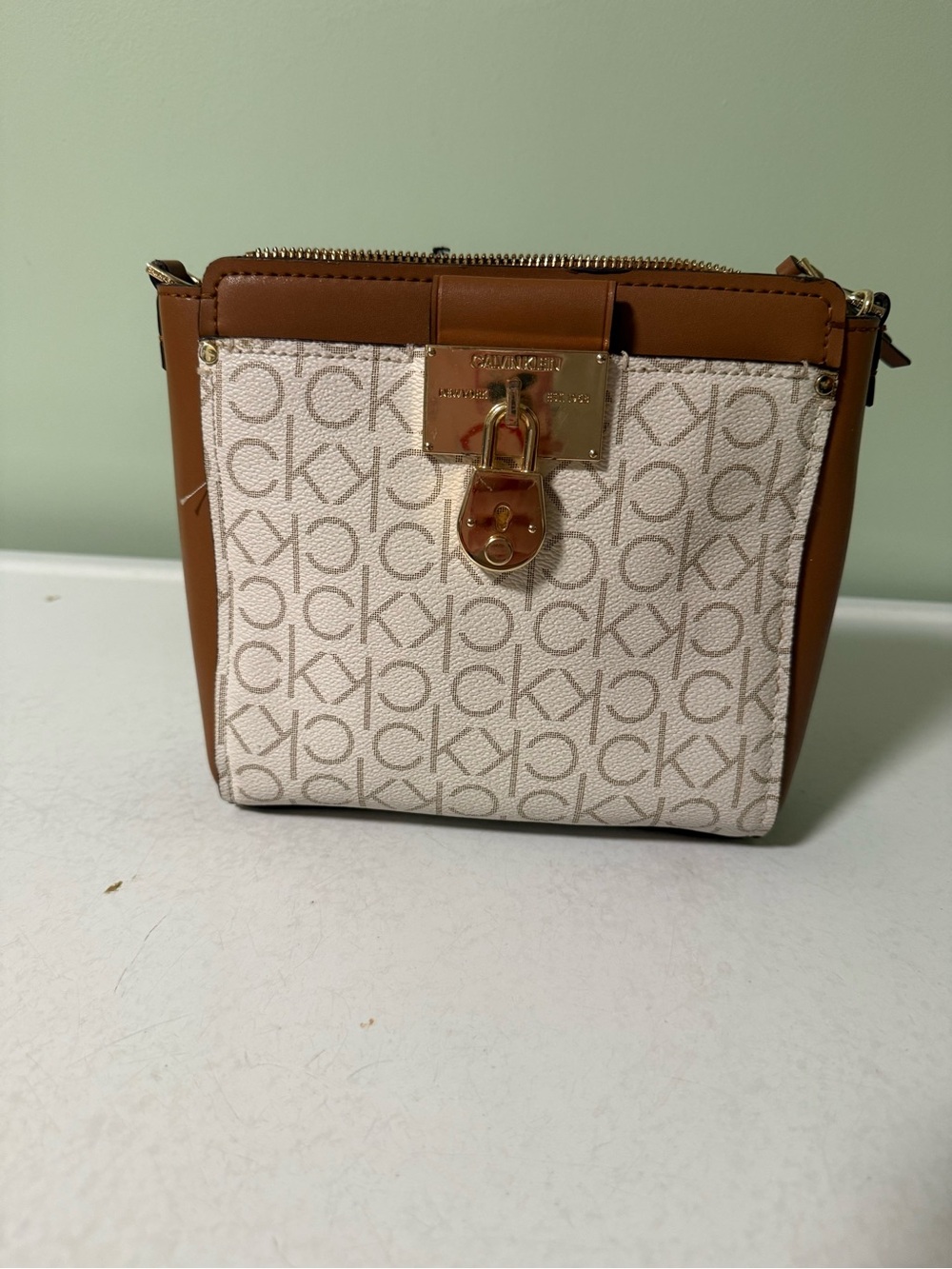 Calvin Klein Cream and Brown Logo Crossbody Bag